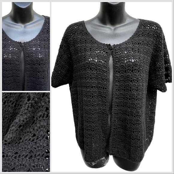 VTG Crochet Knit Short Sleeve Black One Button Cardigan Granny Core Women’s M - Picture 1 of 6